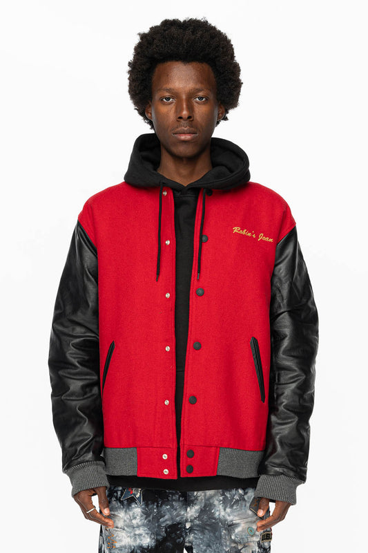 ROBIN’S WOOL & LEATHER VARSITY BOMBER JACKET IN RED/BLACK