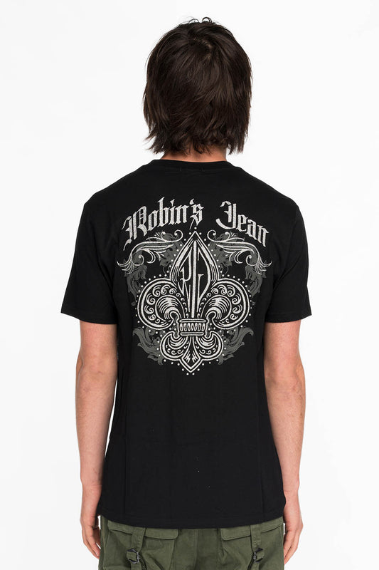 FLEUR DE LIS TEE IN BLACK WITH SILVER GLITTER