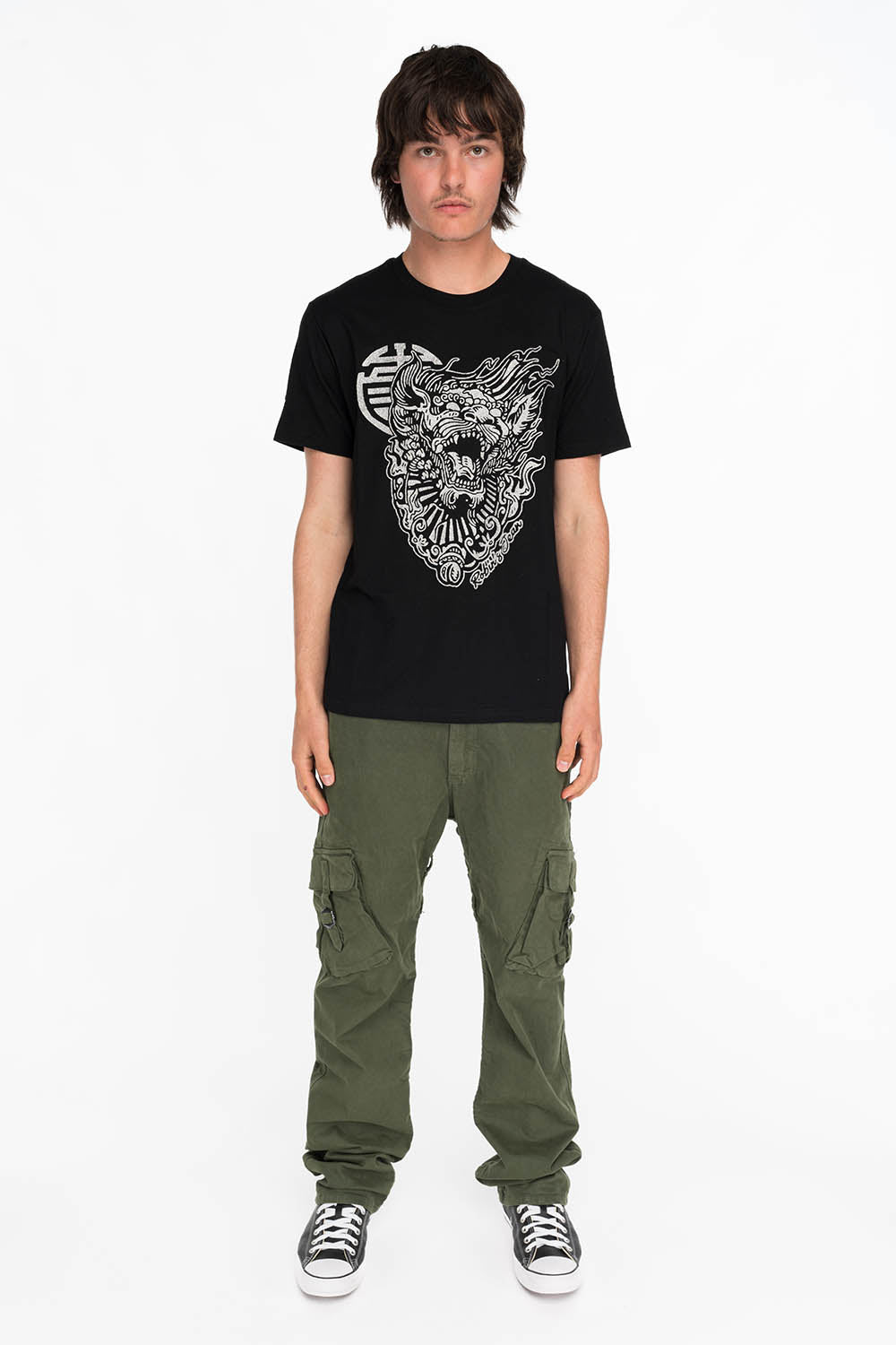 SHISHI LION TEE IN BLACK AND SILVER GLITTER