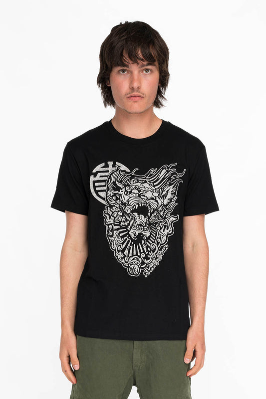 SHISHI LION TEE IN BLACK AND SILVER GLITTER