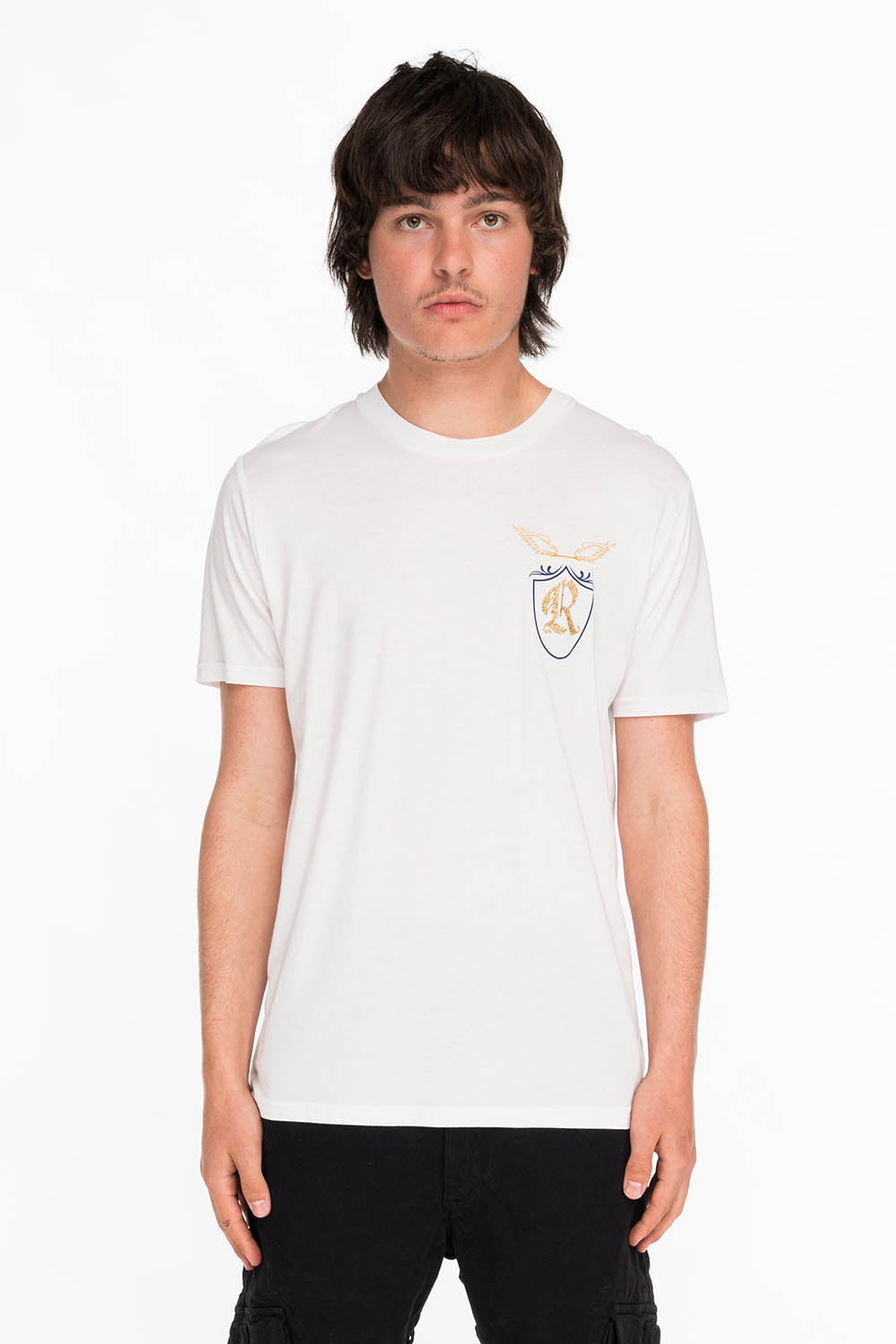 ROBINS GOLD GLITTER EAGLE CREST TEE IN WHITE