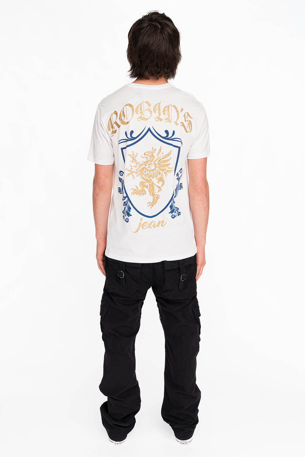 ROBINS GOLD GLITTER EAGLE CREST TEE IN WHITE