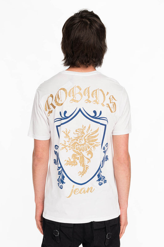 ROBINS GOLD GLITTER EAGLE CREST TEE IN WHITE