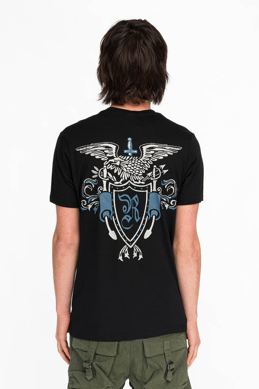 ROBINS HERALDY CREST SILVER GLITTER TEE IN BLACK