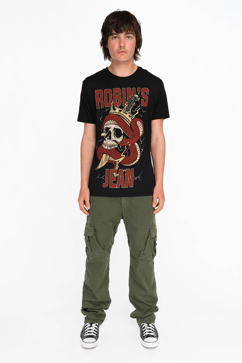 ROBINS SNAKE SCULL GOLD GLITTER TEE IN BLACK