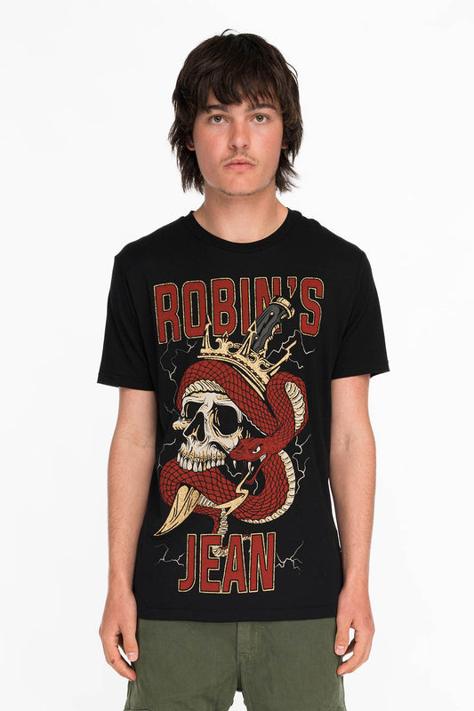 ROBINS SNAKE SCULL GOLD GLITTER TEE IN BLACK