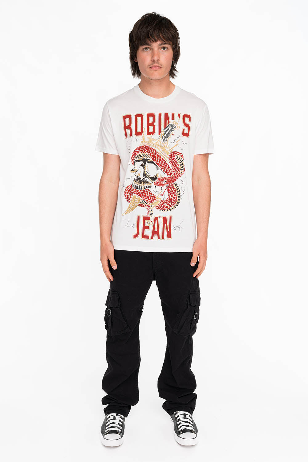 ROBINS SNAKE SKULL GOLD GLITTER TEE IN WHITE