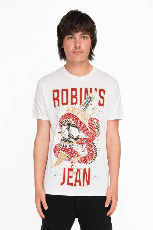 ROBINS SNAKE SKULL GOLD GLITTER TEE IN WHITE