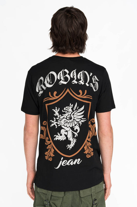 ROBINS SILVER GLITTER EAGLE CREST TEE IN BLACK