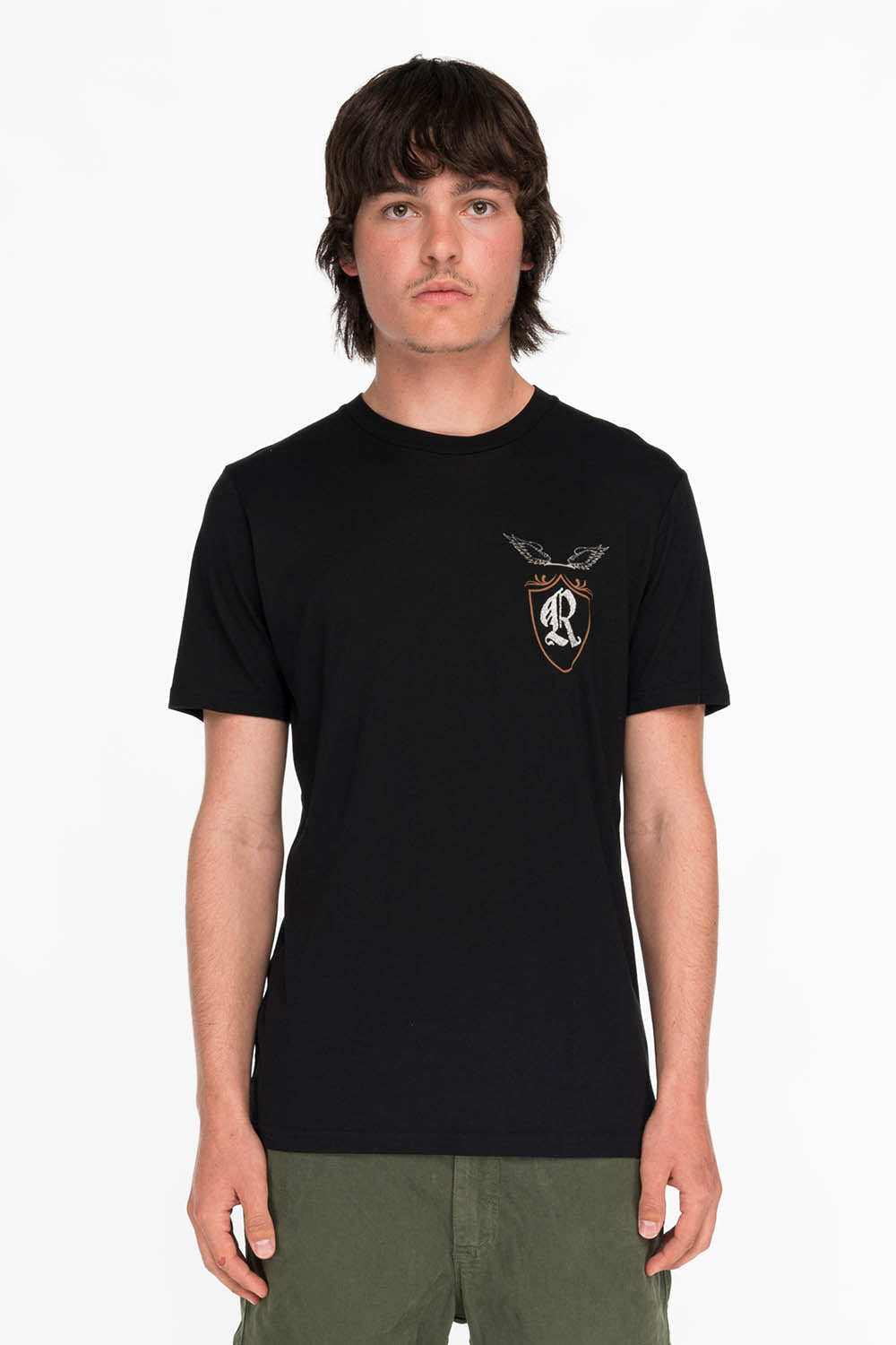 ROBINS SILVER GLITTER EAGLE CREST TEE IN BLACK