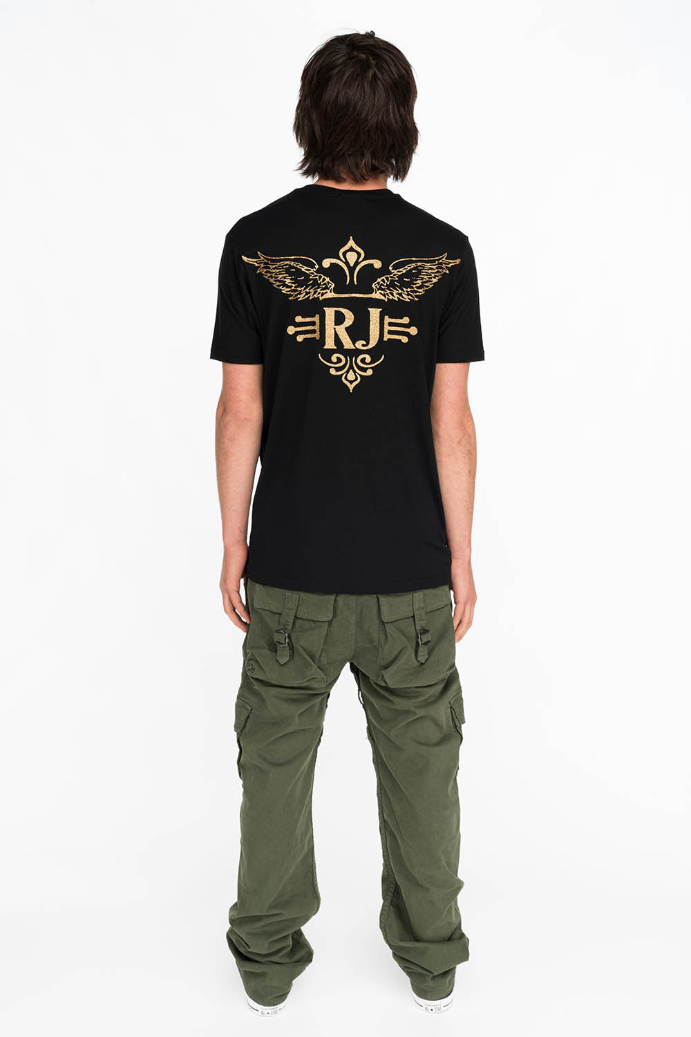 GOLD GLITTER FLEUR TEE WITH WINGS ON BACK IN BLACK