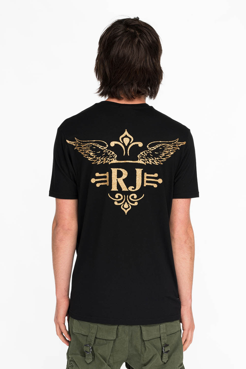 GOLD GLITTER FLEUR TEE WITH WINGS ON BACK IN BLACK