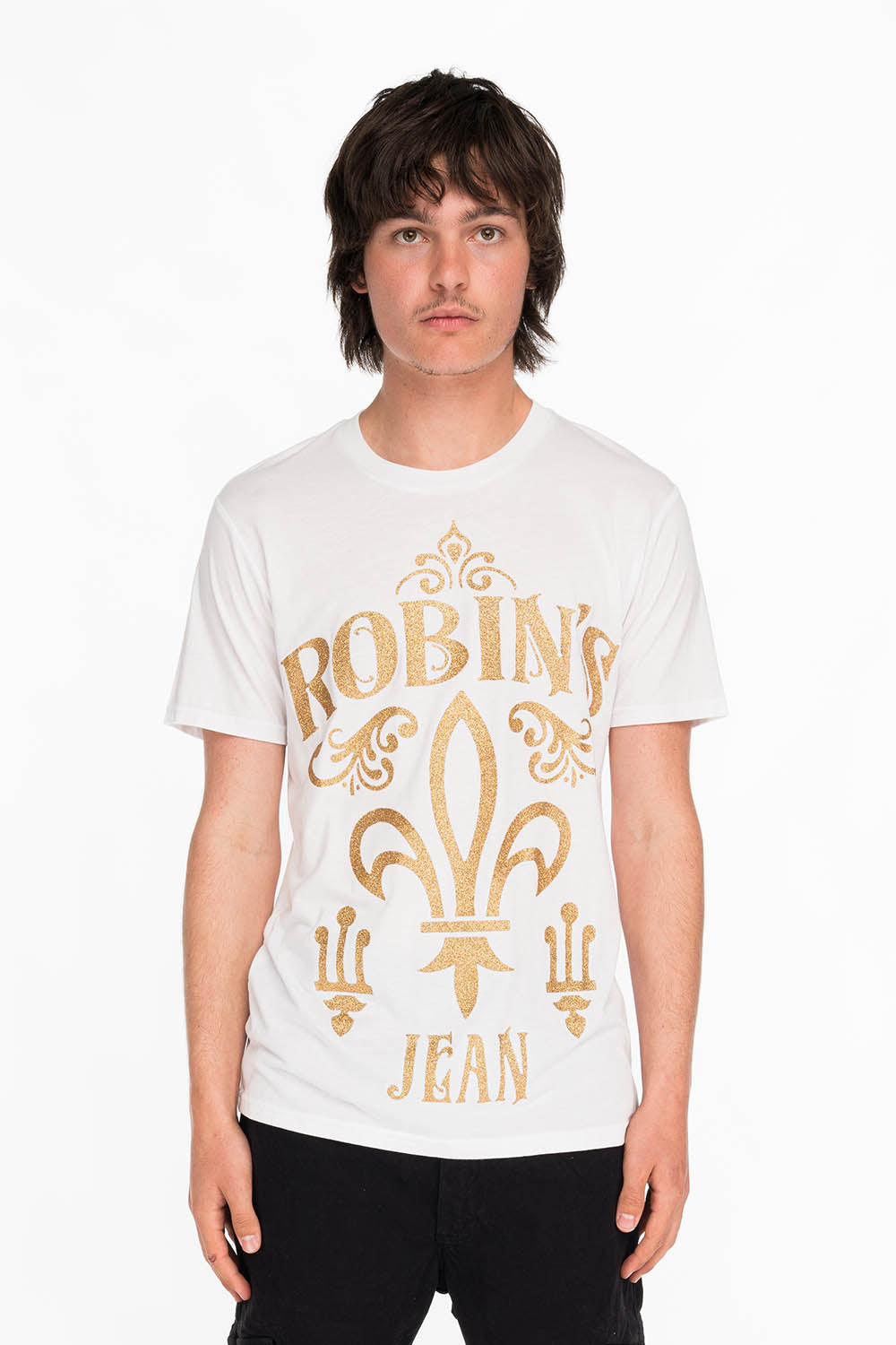 GOLD GLITTER FLEUR TEE IN WHITE