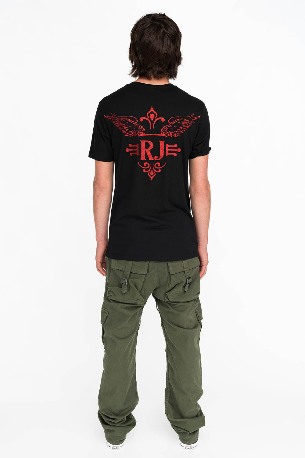 RED GLITTER FLEUR TEE WITH WINGS ON BACK IN BLACK