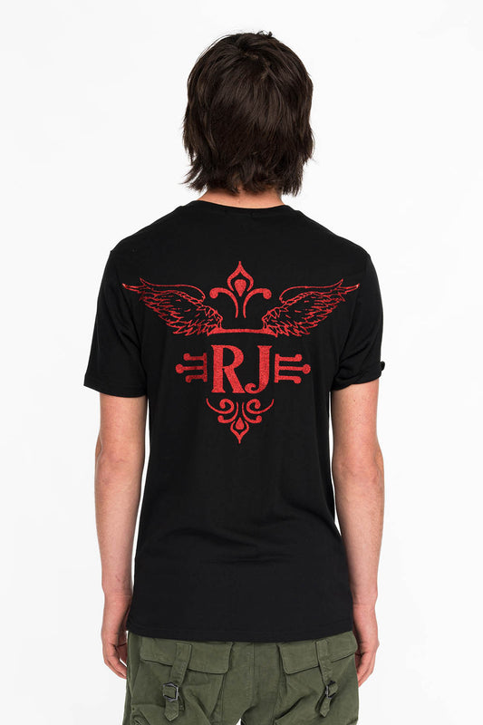 RED GLITTER FLEUR TEE WITH WINGS ON BACK IN BLACK