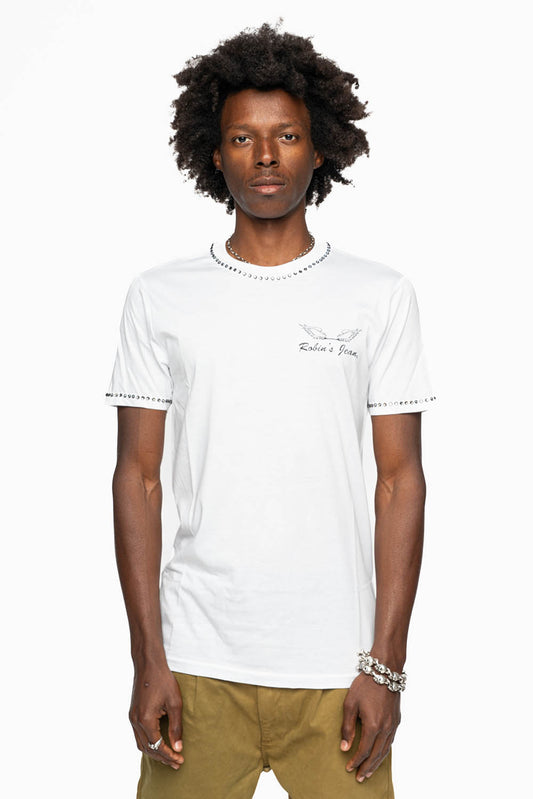 ROBIN’S LOGO WINGS WHITE TEE IN BLACK PRINT EMBELLISHED WITH BLACK DIAMOND CRYSTALS