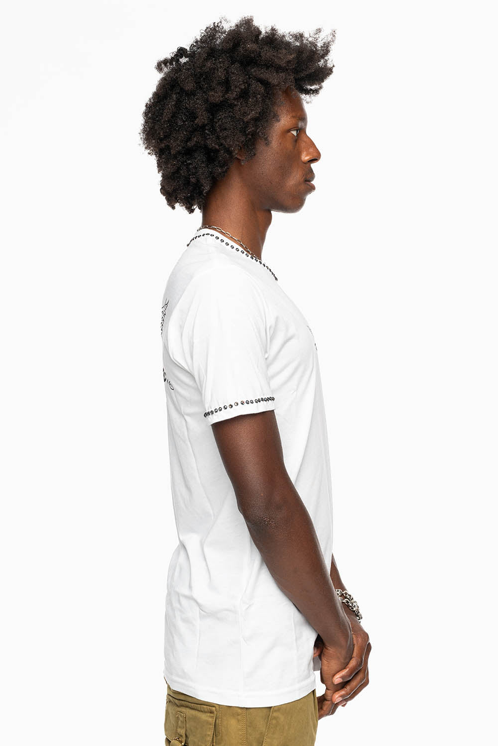 ROBIN’S LOGO WINGS WHITE TEE IN BLACK PRINT EMBELLISHED WITH BLACK DIAMOND CRYSTALS
