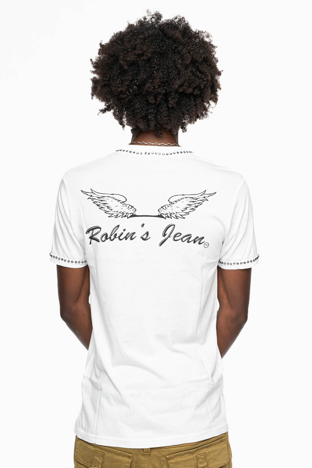 ROBIN’S LOGO WINGS WHITE TEE IN BLACK PRINT EMBELLISHED WITH BLACK DIAMOND CRYSTALS