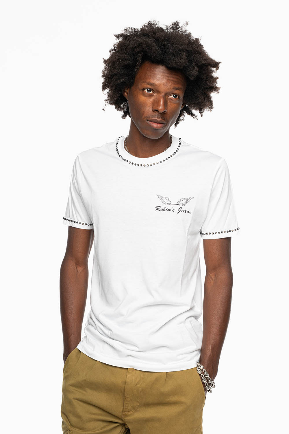 ROBIN’S LOGO WINGS WHITE TEE IN BLACK PRINT EMBELLISHED WITH BLACK DIAMOND CRYSTALS