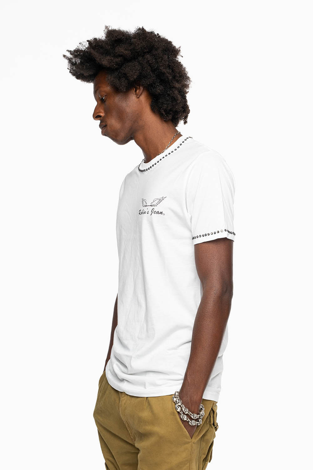 ROBIN’S LOGO WINGS WHITE TEE IN BLACK PRINT EMBELLISHED WITH BLACK DIAMOND CRYSTALS