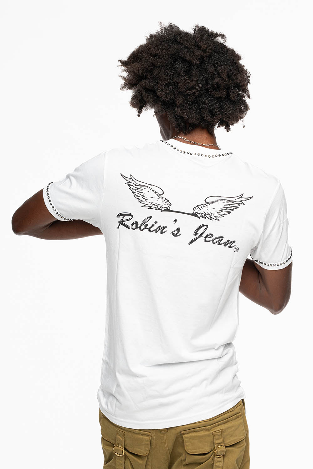 ROBIN’S LOGO WINGS WHITE TEE IN BLACK PRINT EMBELLISHED WITH BLACK DIAMOND CRYSTALS