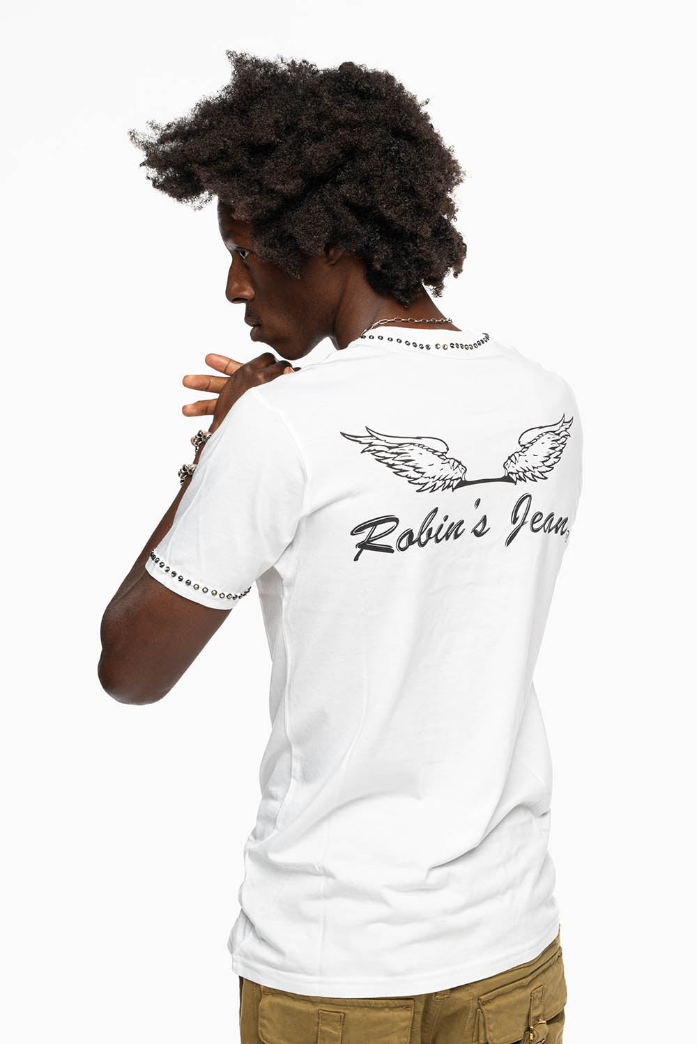 ROBIN’S LOGO WINGS WHITE TEE IN BLACK PRINT EMBELLISHED WITH BLACK DIAMOND CRYSTALS