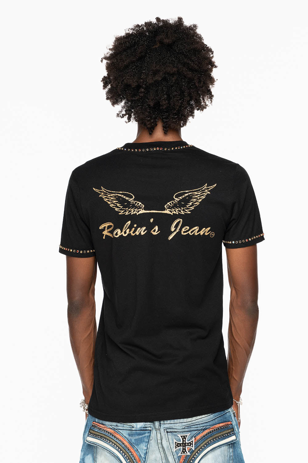 ROBIN’S LOGO WINGS TEE IN BLACK GOLD GLITTER EMBELLISHED WITH MULTI COLOR CRYSTALS