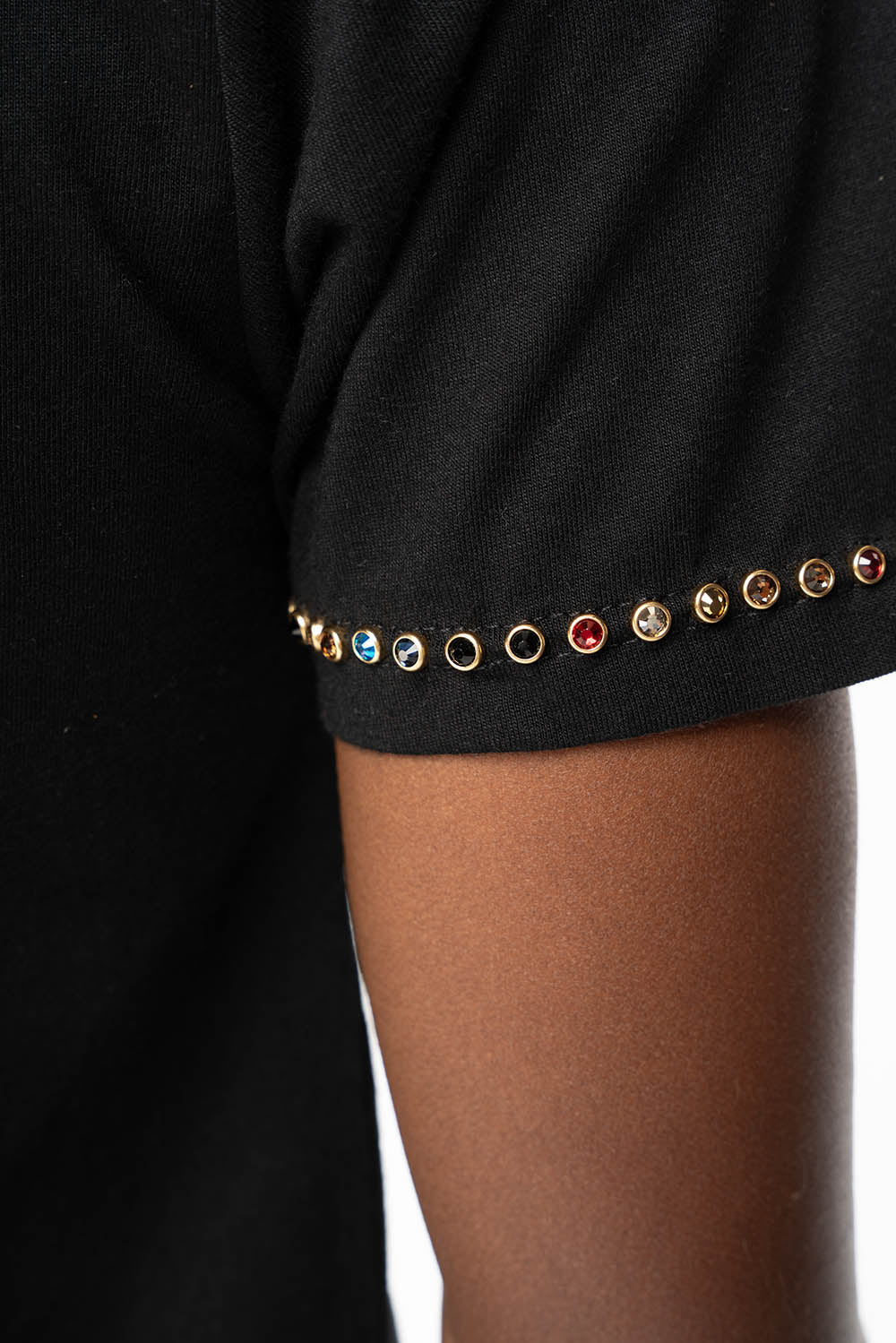 ROBIN’S LOGO WINGS TEE IN BLACK GOLD GLITTER EMBELLISHED WITH MULTI COLOR CRYSTALS