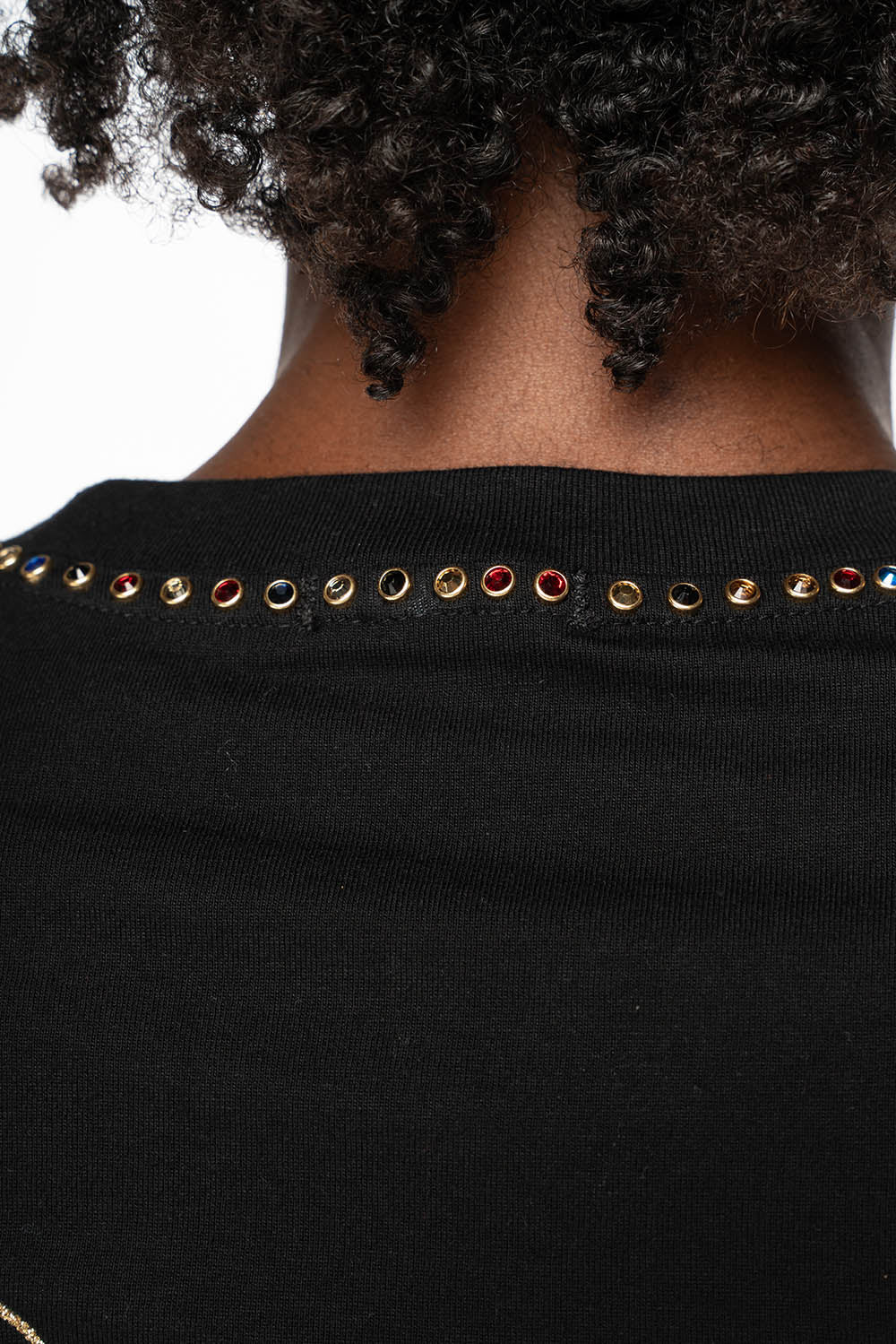 ROBIN’S LOGO WINGS TEE IN BLACK GOLD GLITTER EMBELLISHED WITH MULTI COLOR CRYSTALS