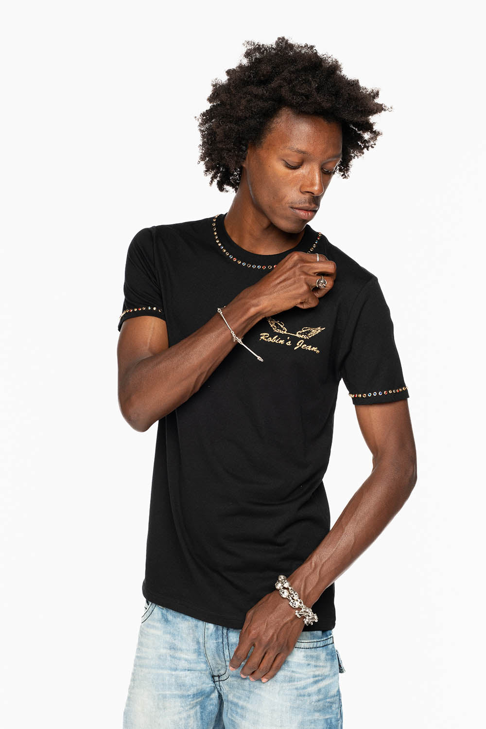 ROBIN’S LOGO WINGS TEE IN BLACK GOLD GLITTER EMBELLISHED WITH MULTI COLOR CRYSTALS