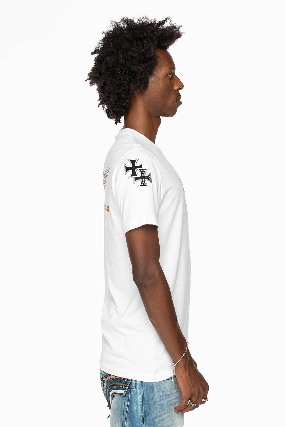 ROBIN’S LOGO WINGS TEE IN WHITE  EMBELLISHED WITH CROSS PATCHES AND CRYSTALS
