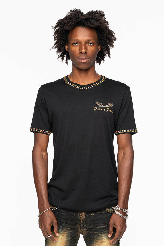 ROBIN’S LOGO WINGS TEE IN BLACK GOLD GLITTER EMBELLISHED WITH 2 LINE MULTI COLOR CRYSTALS