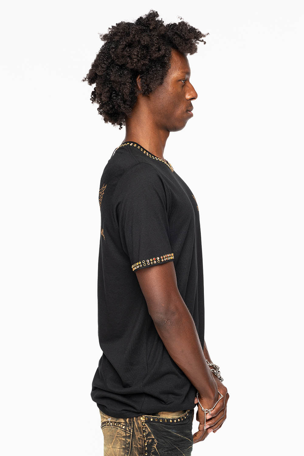 ROBIN’S LOGO WINGS TEE IN BLACK GOLD GLITTER EMBELLISHED WITH 2 LINE MULTI COLOR CRYSTALS
