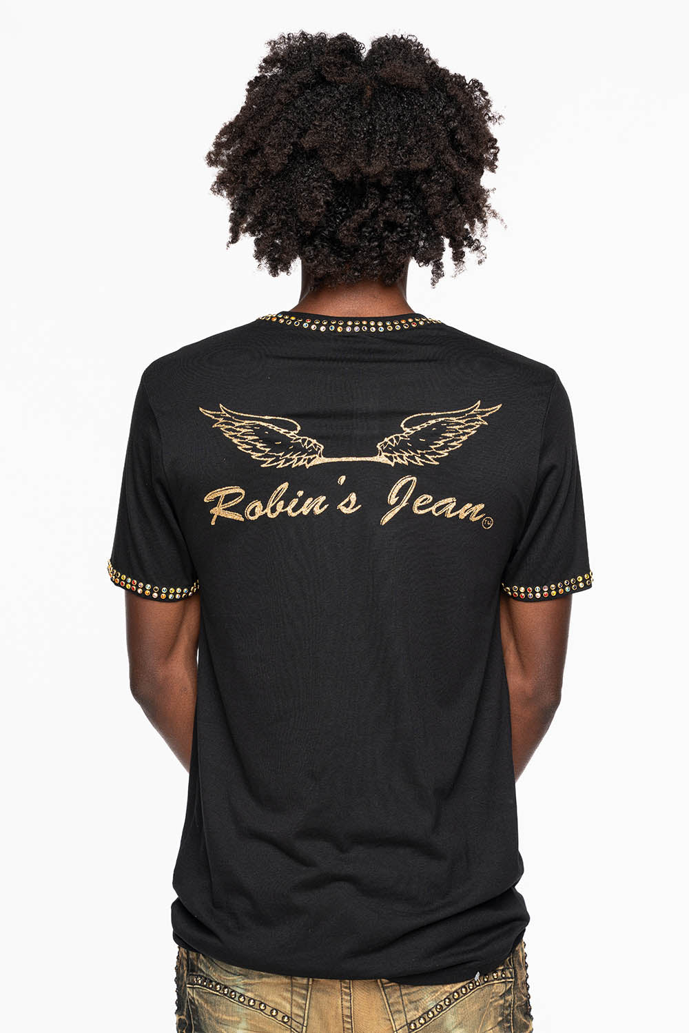 ROBIN’S LOGO WINGS TEE IN BLACK GOLD GLITTER EMBELLISHED WITH 2 LINE MULTI COLOR CRYSTALS
