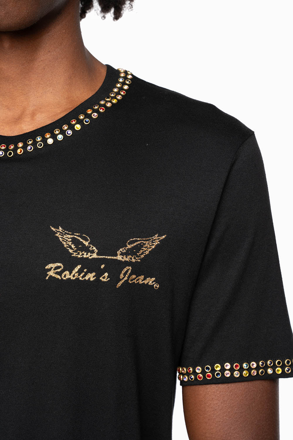 ROBIN’S LOGO WINGS TEE IN BLACK GOLD GLITTER EMBELLISHED WITH 2 LINE MULTI COLOR CRYSTALS