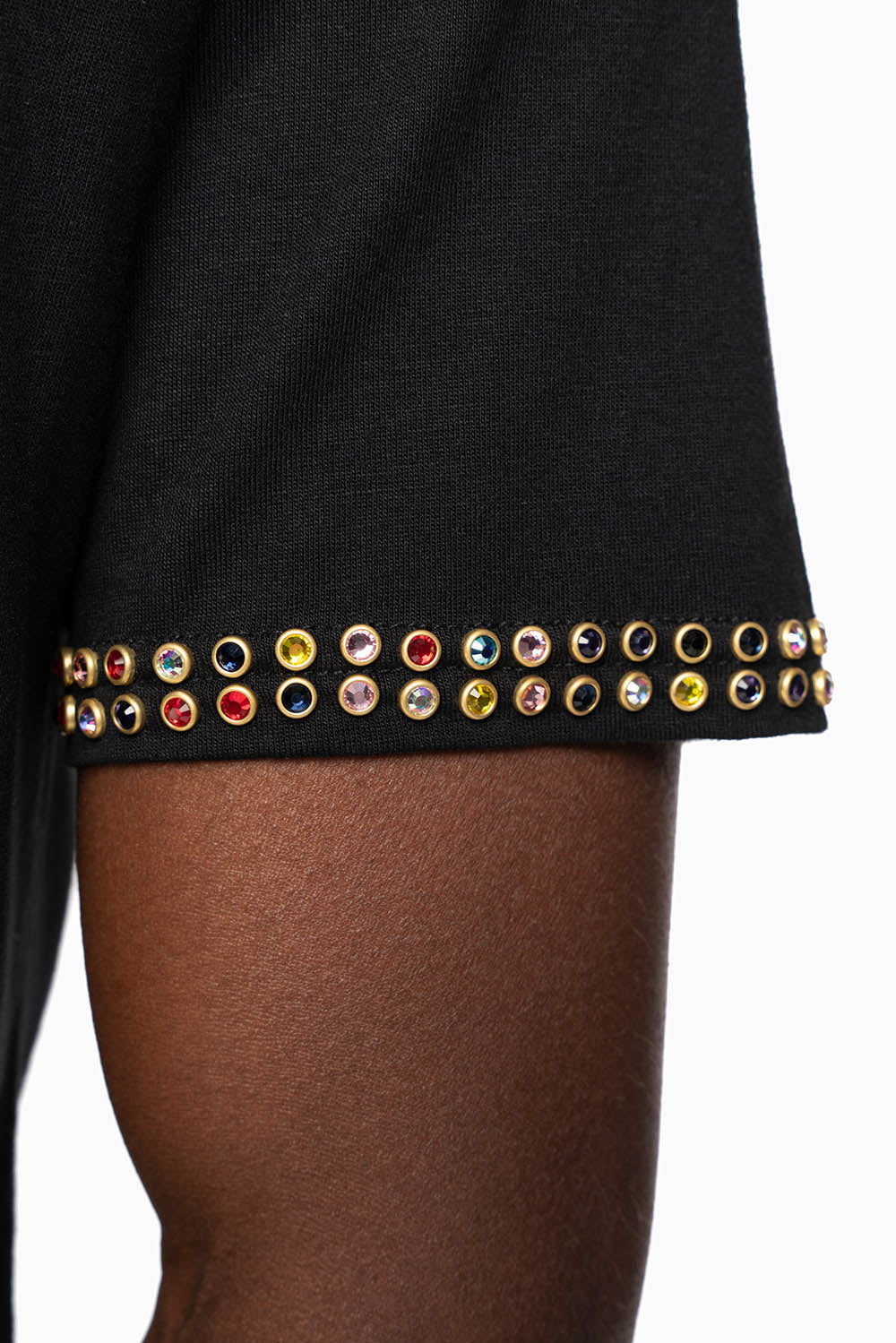 ROBIN’S LOGO WINGS TEE IN BLACK GOLD GLITTER EMBELLISHED WITH 2 LINE MULTI COLOR CRYSTALS