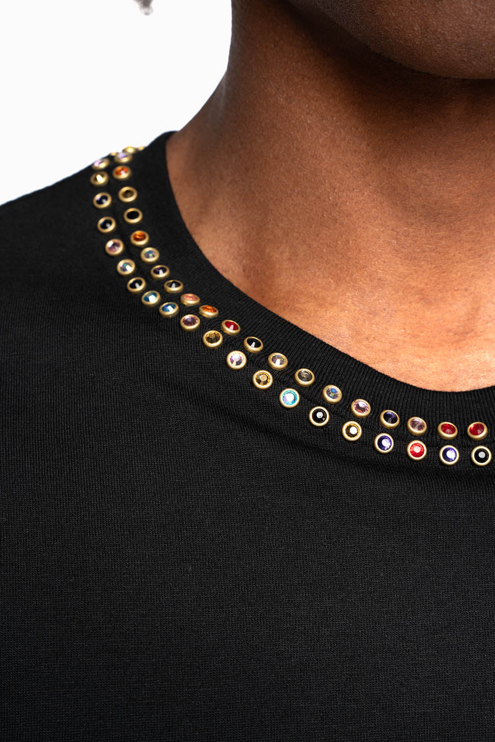 ROBIN’S LOGO WINGS TEE IN BLACK GOLD GLITTER EMBELLISHED WITH 2 LINE MULTI COLOR CRYSTALS