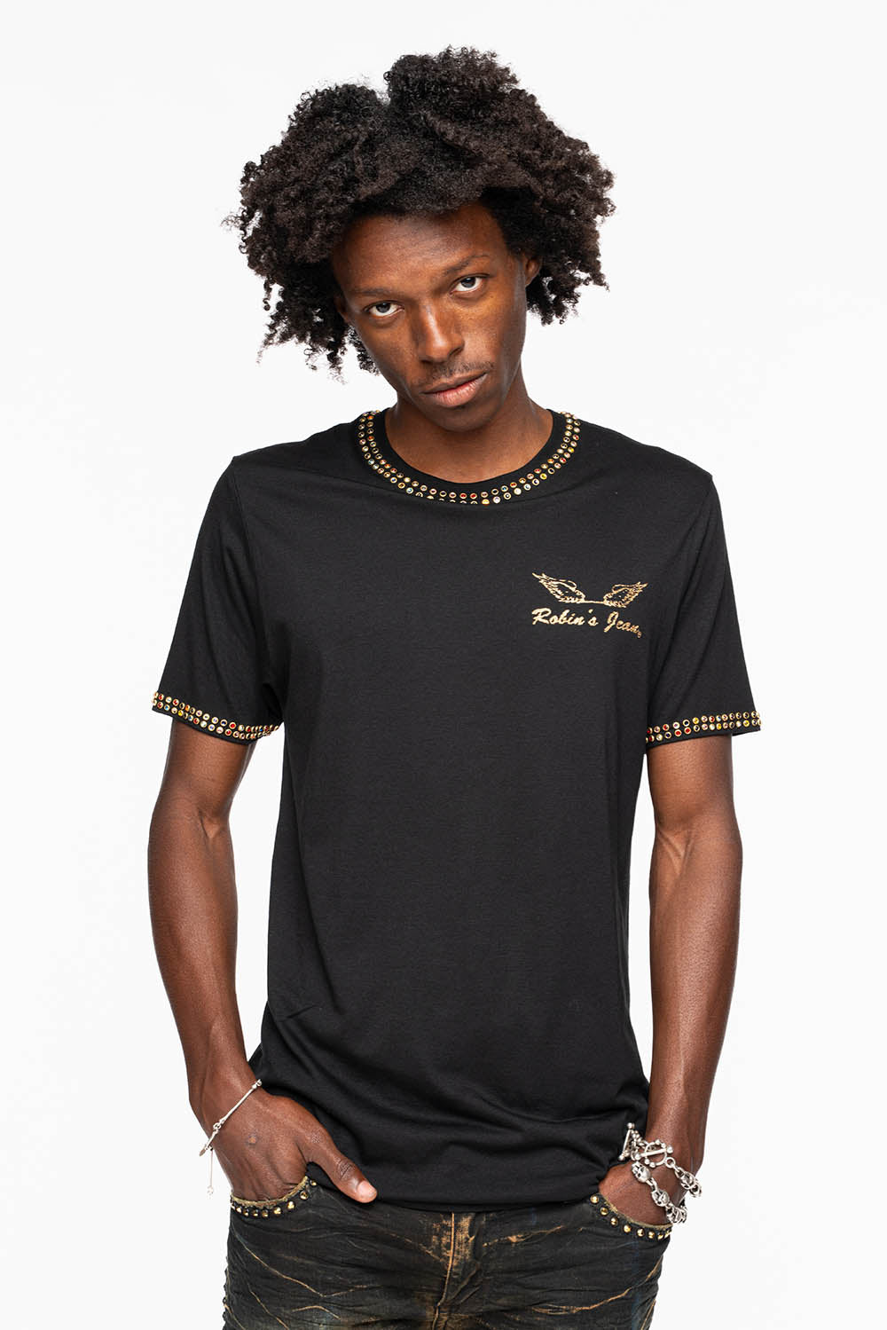 ROBIN’S LOGO WINGS TEE IN BLACK GOLD GLITTER EMBELLISHED WITH 2 LINE MULTI COLOR CRYSTALS