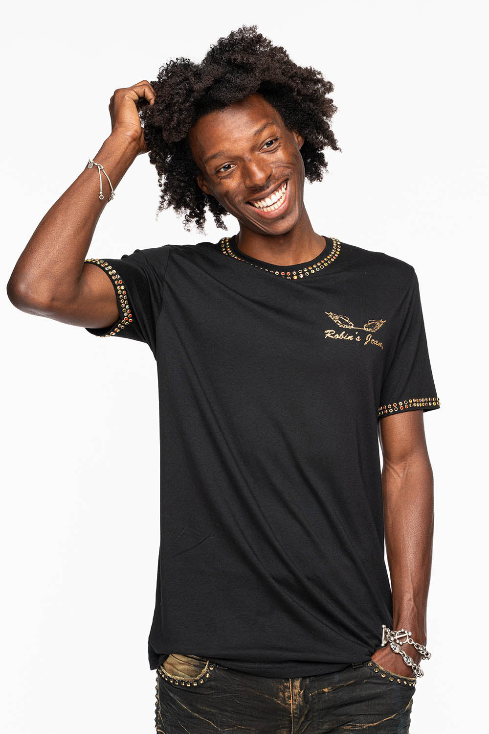 ROBIN’S LOGO WINGS TEE IN BLACK GOLD GLITTER EMBELLISHED WITH 2 LINE MULTI COLOR CRYSTALS