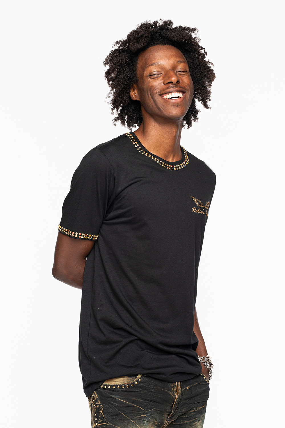 ROBIN’S LOGO WINGS TEE IN BLACK GOLD GLITTER EMBELLISHED WITH 2 LINE MULTI COLOR CRYSTALS