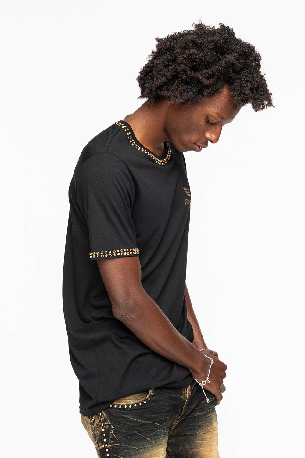 ROBIN’S LOGO WINGS TEE IN BLACK GOLD GLITTER EMBELLISHED WITH 2 LINE MULTI COLOR CRYSTALS