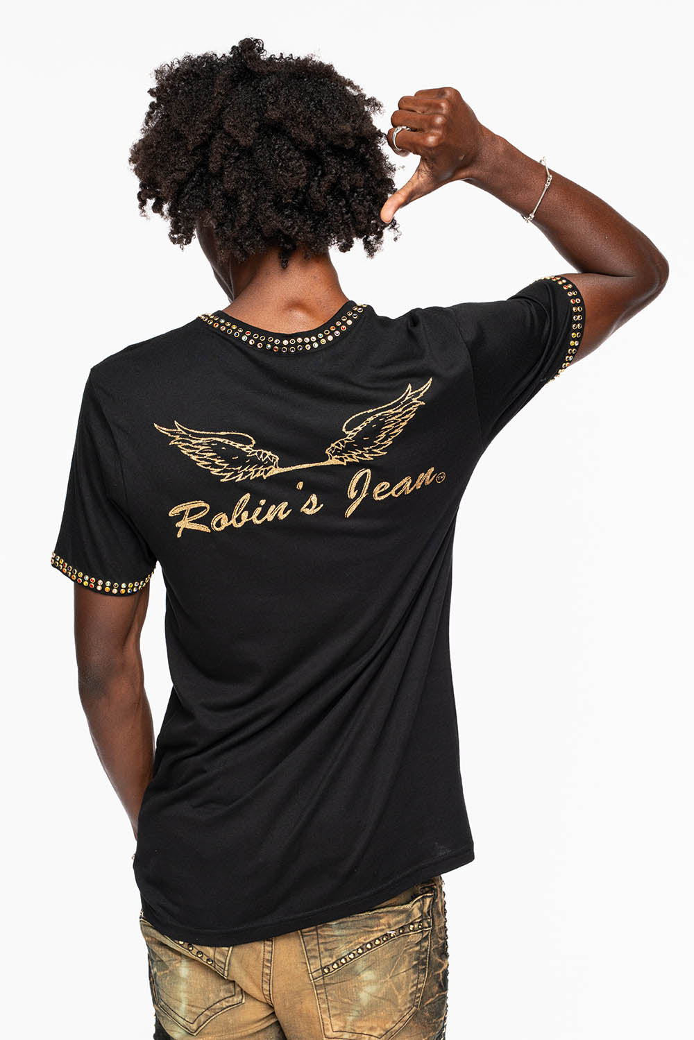 ROBIN’S LOGO WINGS TEE IN BLACK GOLD GLITTER EMBELLISHED WITH 2 LINE MULTI COLOR CRYSTALS