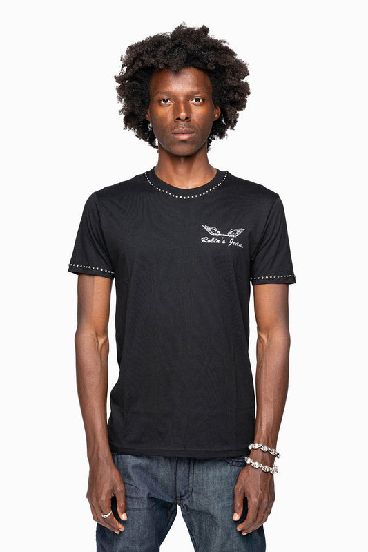 ROBIN’S LOGO WINGS TEE IN BLACK SILVER GLITTER EMBELLISHED WITH BLACK DIAMOND CRYSTALS
