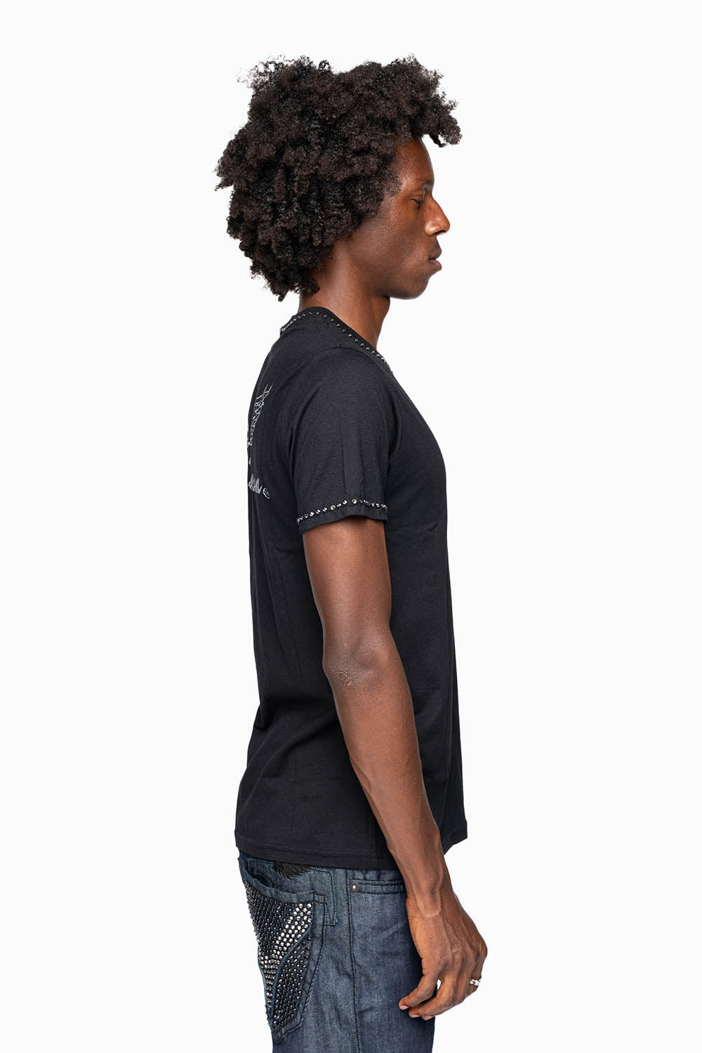 ROBIN’S LOGO WINGS TEE IN BLACK SILVER GLITTER EMBELLISHED WITH BLACK DIAMOND CRYSTALS