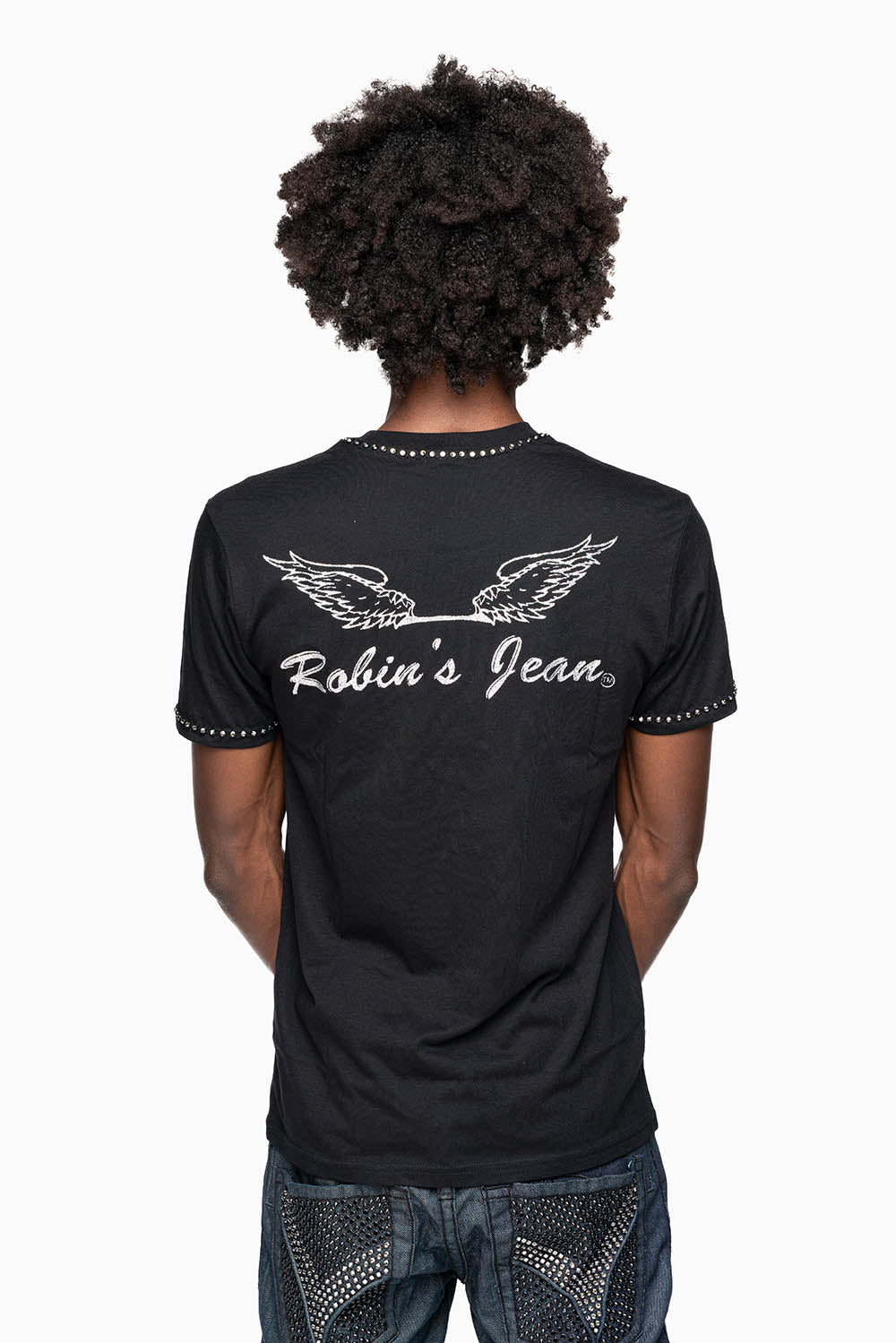 ROBIN’S LOGO WINGS TEE IN BLACK SILVER GLITTER EMBELLISHED WITH BLACK DIAMOND CRYSTALS