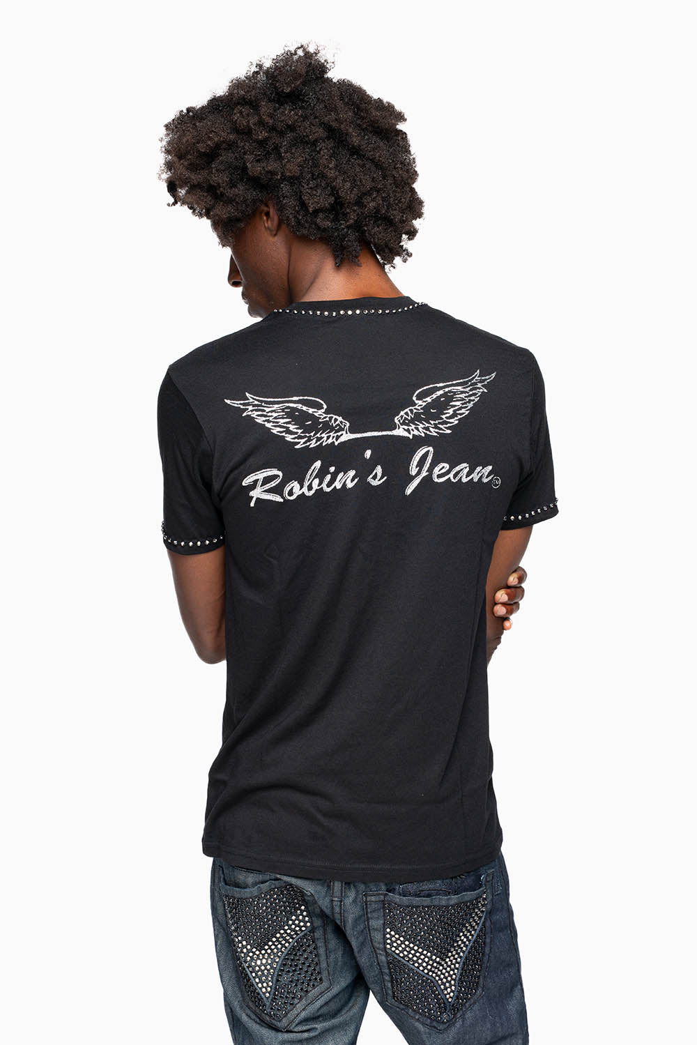 ROBIN’S LOGO WINGS TEE IN BLACK SILVER GLITTER EMBELLISHED WITH BLACK DIAMOND CRYSTALS