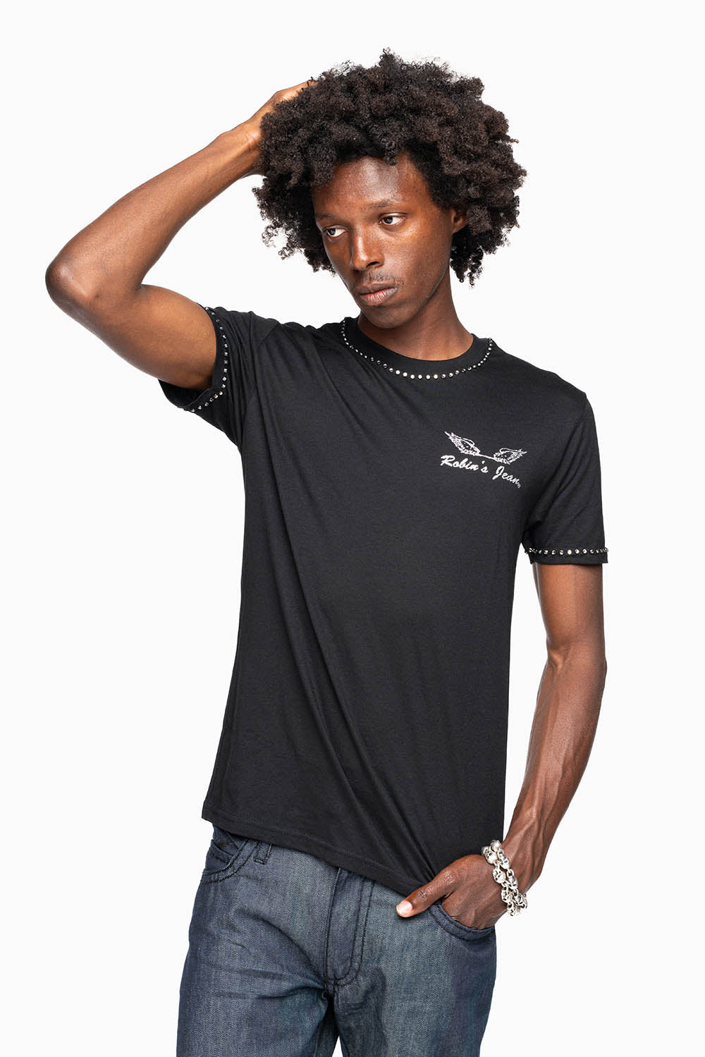 ROBIN’S LOGO WINGS TEE IN BLACK SILVER GLITTER EMBELLISHED WITH BLACK DIAMOND CRYSTALS