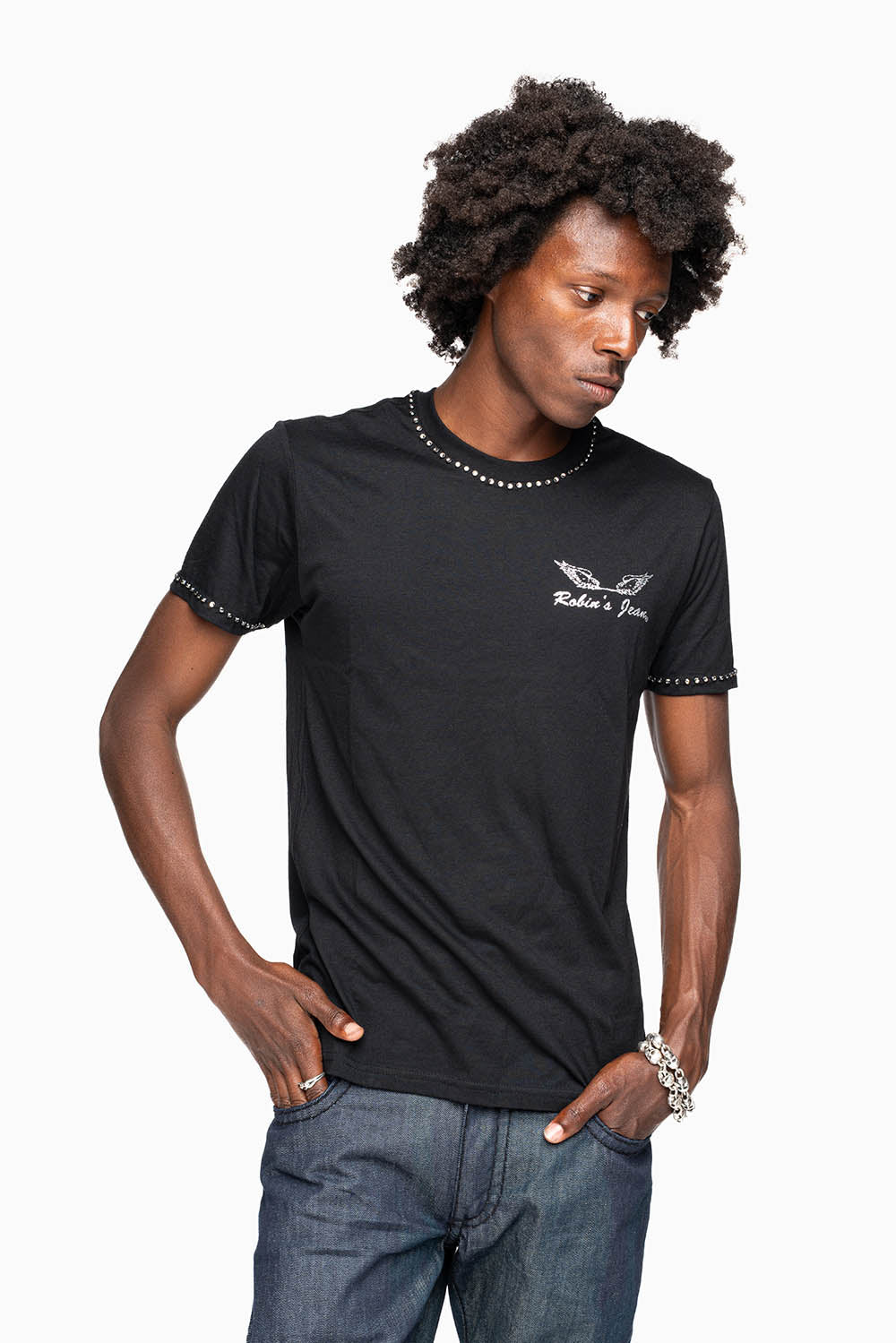 ROBIN’S LOGO WINGS TEE IN BLACK SILVER GLITTER EMBELLISHED WITH BLACK DIAMOND CRYSTALS