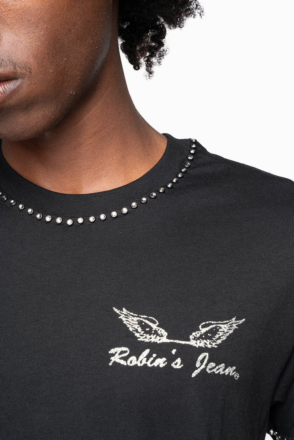 ROBIN’S LOGO WINGS TEE IN BLACK SILVER GLITTER EMBELLISHED WITH BLACK DIAMOND CRYSTALS