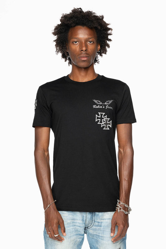 ROBIN’S LOGO WINGS TEE IN BLACK  EMBELLISHED WITH CROSS PATCHES AND CRYSTALS